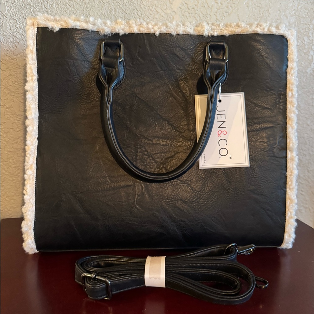 NWT Jen & Co Black Tote Bag with Cream Sherpa Accents